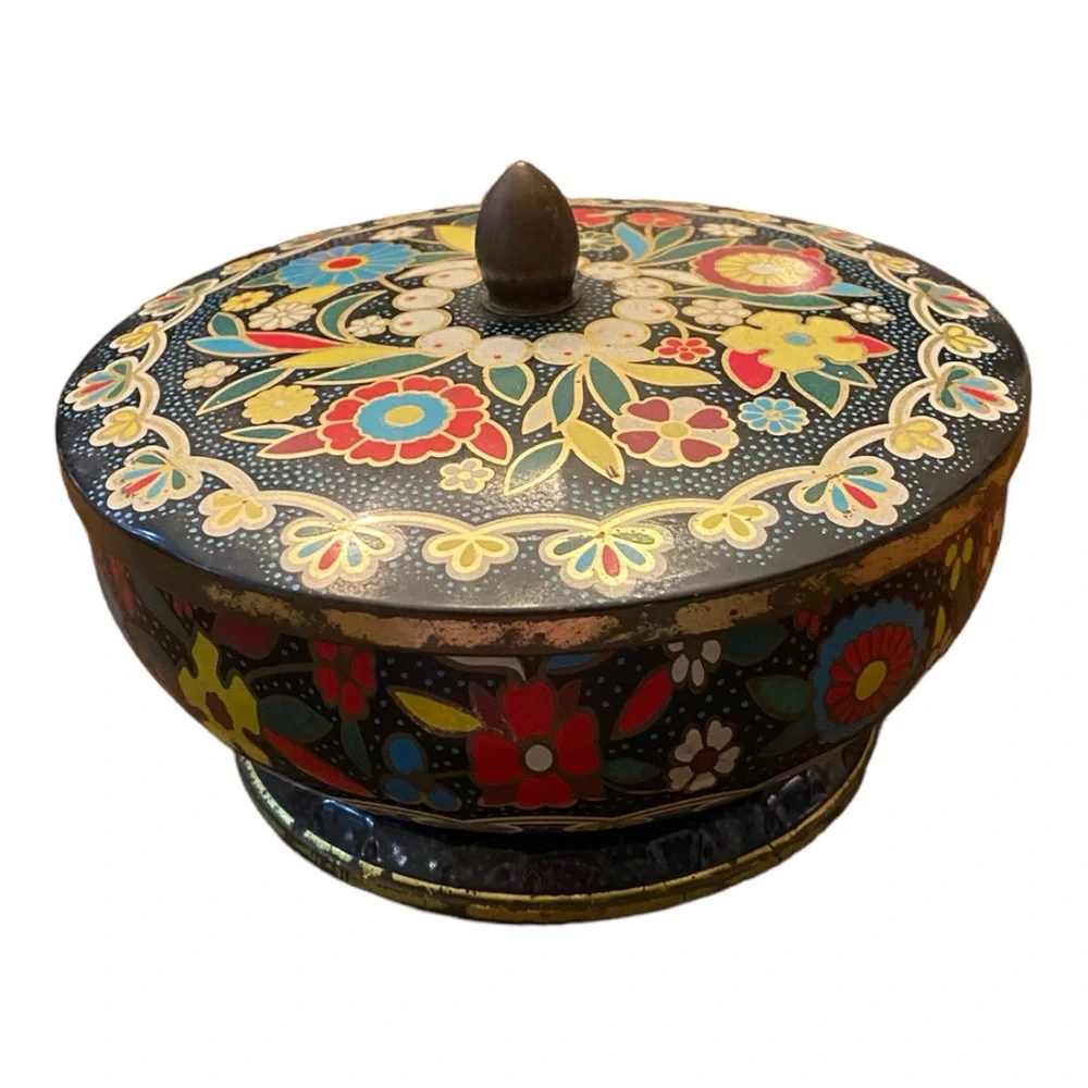 Vintage Daher Tin Bowl With Lid England Floral Black 1970s Collectible